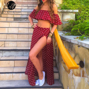 Lily Rosie Girl Women 2018 Off Shoulder Red Vintage Dot Long Dress Summer Maxi Dress Chiffon Ruffle Sexy Beach Dresses Vestidos