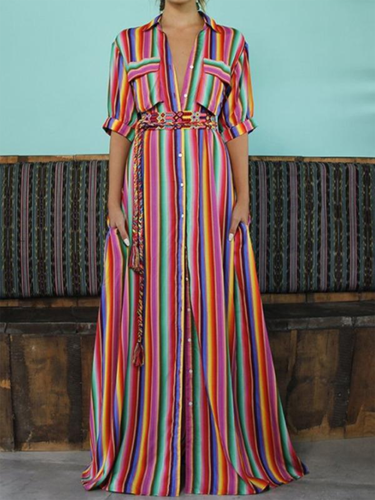 Holiday Half Sleeve Stripes A-line Midi Dress
