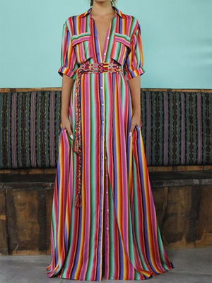 Holiday Half Sleeve Stripes A-line Midi Dress