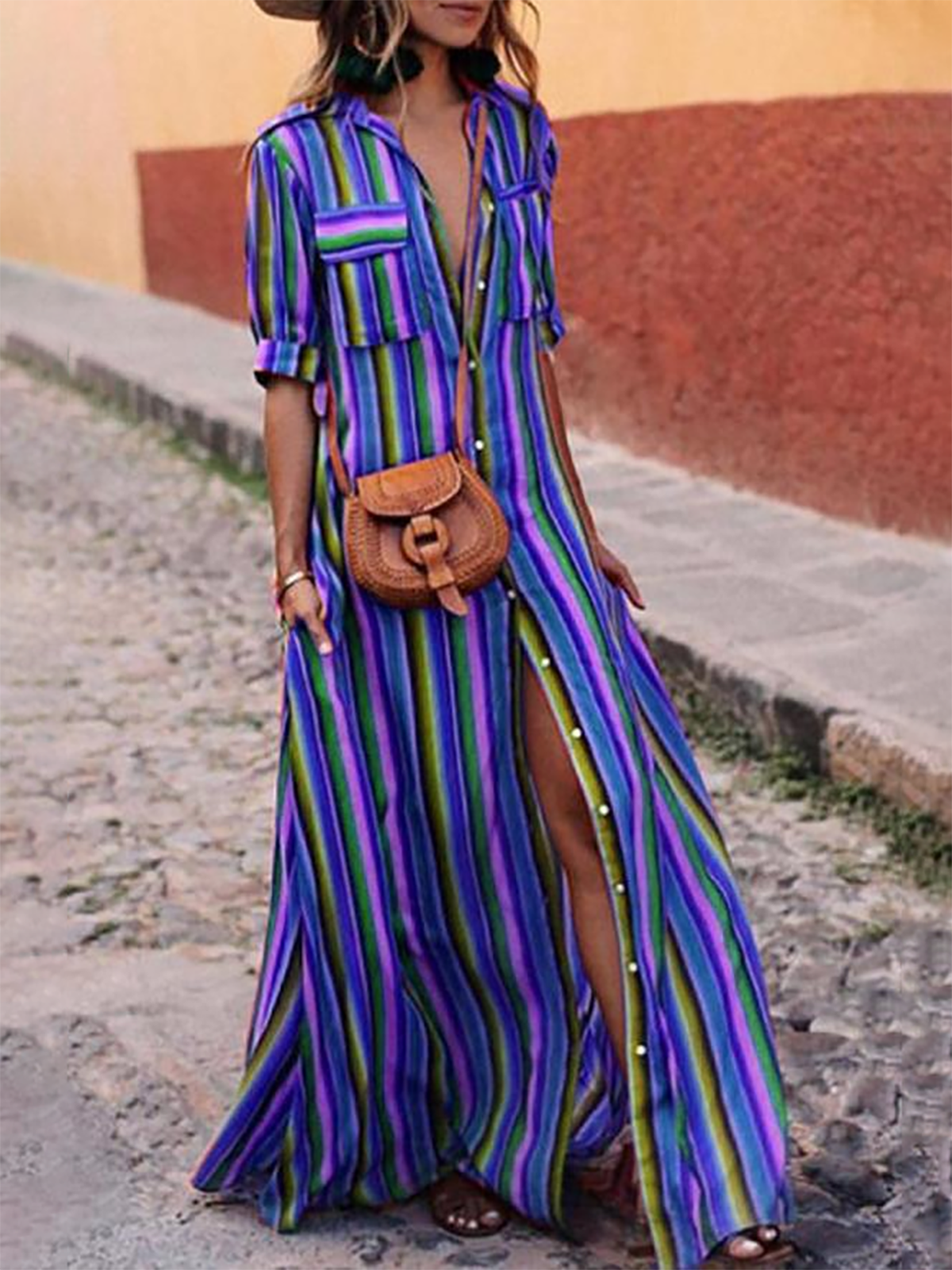 Holiday Half Sleeve Stripes A-line Midi Dress