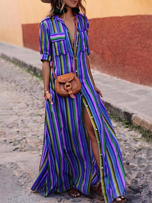 Holiday Half Sleeve Stripes A-line Midi Dress