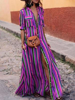 Holiday Half Sleeve Stripes A-line Midi Dress