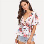 COLROVIE Flutter Sleeve Belted V Neck Floral Blouse Shirt 2018 New Summer Short Sleeve Women Blouse Beach Sexy Top Clothing
