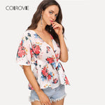 COLROVIE Flutter Sleeve Belted V Neck Floral Blouse Shirt 2018 New Summer Short Sleeve Women Blouse Beach Sexy Top Clothing