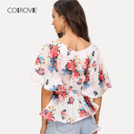 COLROVIE Flutter Sleeve Belted V Neck Floral Blouse Shirt 2018 New Summer Short Sleeve Women Blouse Beach Sexy Top Clothing
