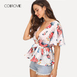 COLROVIE Flutter Sleeve Belted V Neck Floral Blouse Shirt 2018 New Summer Short Sleeve Women Blouse Beach Sexy Top Clothing