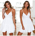 Girls White Summer Dress Spaghetti Strap Bow Dresses Sexy Women V-neck Sleeveless Beach Backless Lace Patchwork Dress Vestidos