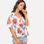 COLROVIE Flutter Sleeve Belted V Neck Floral Blouse Shirt 2018 New Summer Short Sleeve Women Blouse Beach Sexy Top Clothing