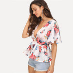 COLROVIE Flutter Sleeve Belted V Neck Floral Blouse Shirt 2018 New Summer Short Sleeve Women Blouse Beach Sexy Top Clothing