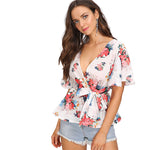 COLROVIE Flutter Sleeve Belted V Neck Floral Blouse Shirt 2018 New Summer Short Sleeve Women Blouse Beach Sexy Top Clothing
