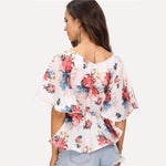 COLROVIE Flutter Sleeve Belted V Neck Floral Blouse Shirt 2018 New Summer Short Sleeve Women Blouse Beach Sexy Top Clothing