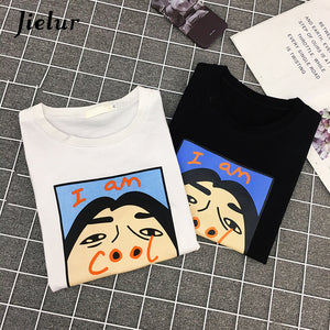 Jielur Harajuku I am Cool Funny Letter Print White T shirt Women Korean Creative Female T-shirt Fashion Spoof Black Top Tee S-XL