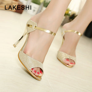 LAKESHI Summer Women Pumps Small Heels Wedding Shoes Gold Silver Stiletto High Heels Peep Toe Women Heel Sandals Ladies Shoes