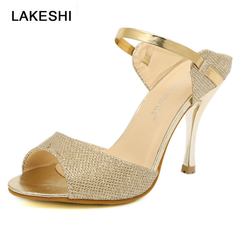 LAKESHI Summer Women Pumps Small Heels Wedding Shoes Gold Silver Stiletto High Heels Peep Toe Women Heel Sandals Ladies Shoes