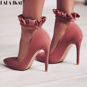 LALA IKAI Women Pumps Sexy Buckle Strap Ruffles High Heels Party Shoes Pointed Toe Spring Ladies Wedding Shoes XWC1867-5