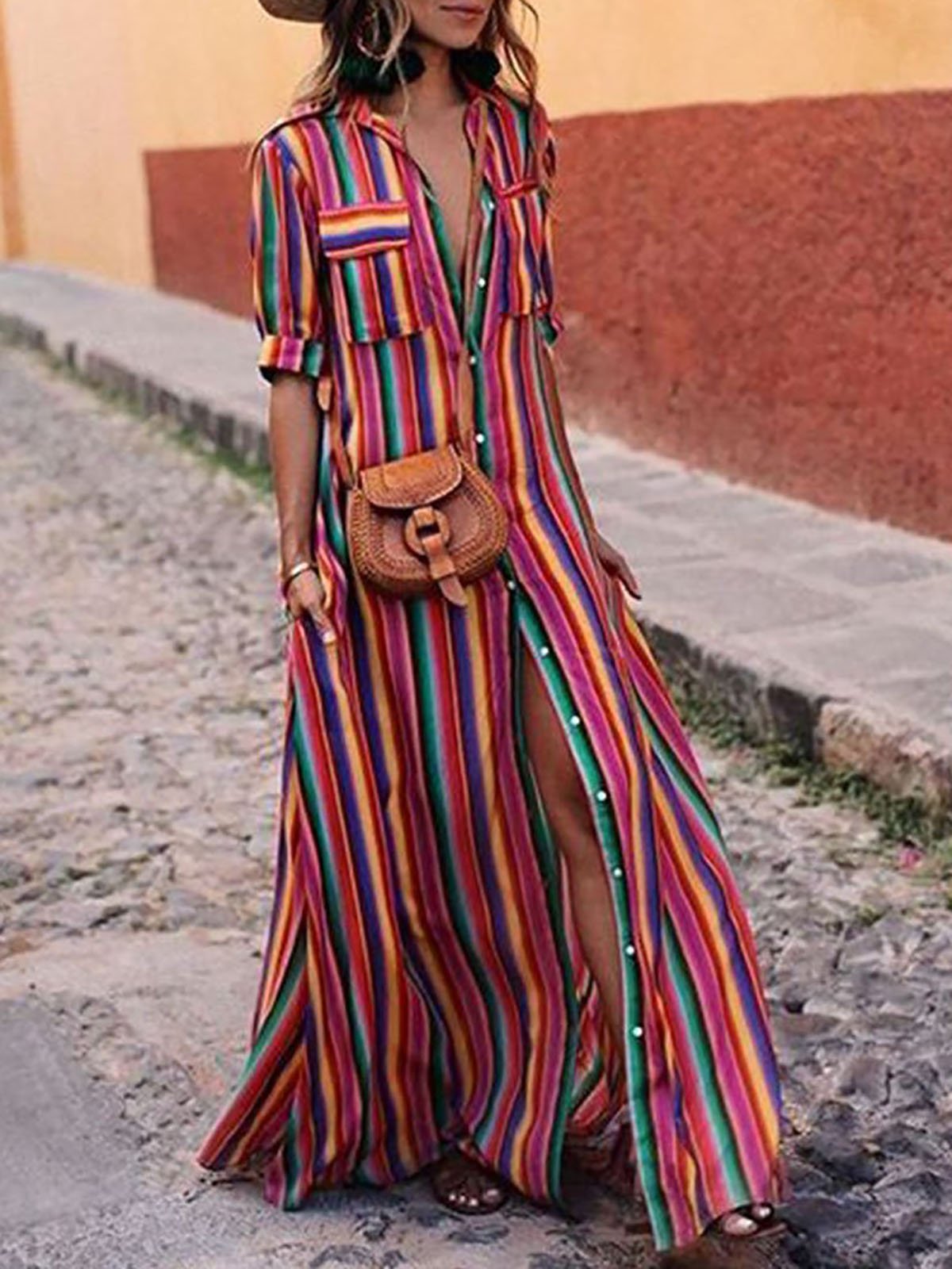 Holiday Half Sleeve Stripes A-line Midi Dress