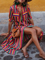 Holiday Half Sleeve Stripes A-line Midi Dress