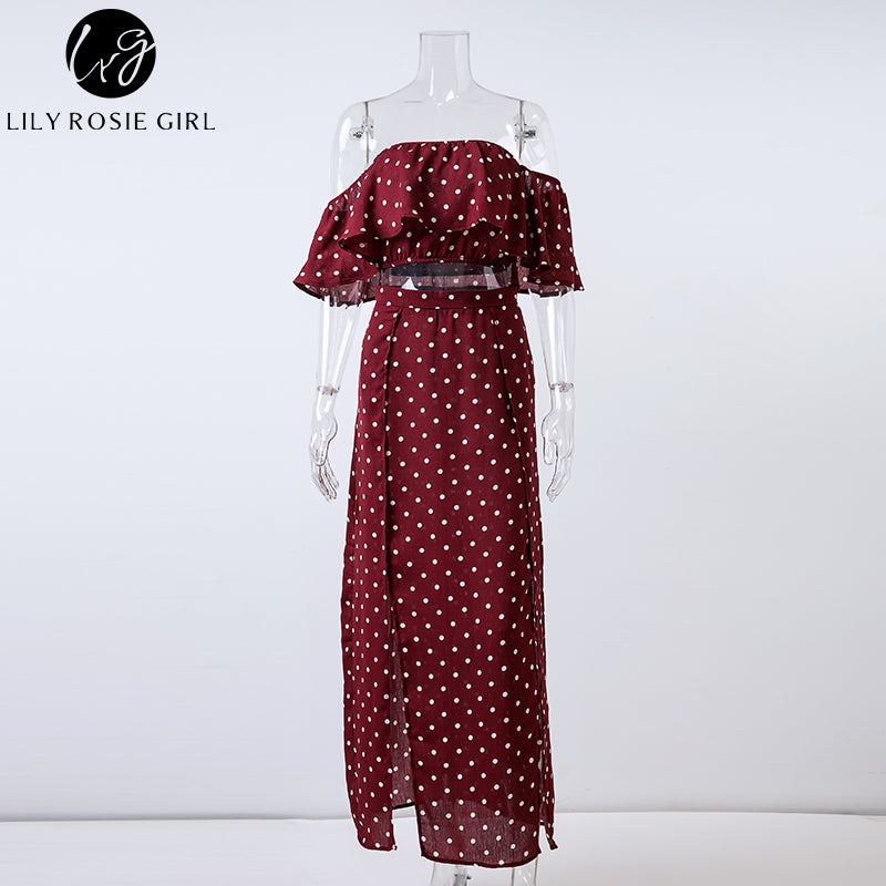 Lily Rosie Girl Women 2018 Off Shoulder Red Vintage Dot Long Dress Summer Maxi Dress Chiffon Ruffle Sexy Beach Dresses Vestidos