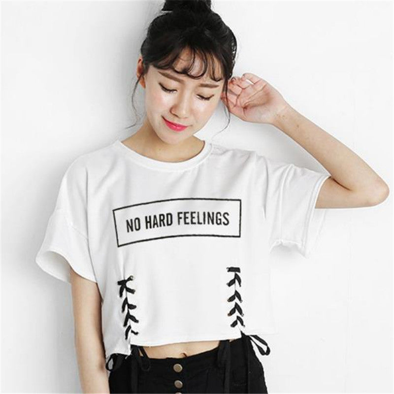 MERRY PRETTY new summer crop tops women t shirt letter print short sleeve lace up cotton loose sexy white t-shirt dance tee tops