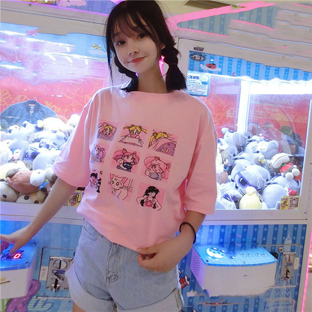 NiceMix Kawaii T Shirt Summer Women Tops 2018 Harajuku T-shirts Print Sailor Moon Loose Short Sleeve Plus Size Tee Shirt Femme