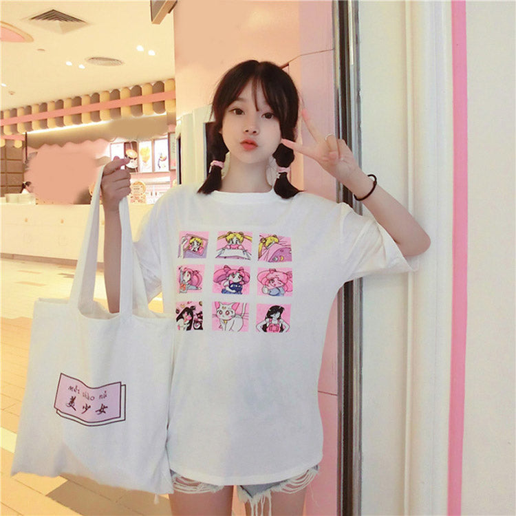 NiceMix Kawaii T Shirt Summer Women Tops 2018 Harajuku T-shirts Print Sailor Moon Loose Short Sleeve Plus Size Tee Shirt Femme
