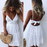 Summer Women Lace Dress Sexy Backless V-neck Beach Dresses 2018 Fashion Sleeveless Spaghetti Strap White Casual Mini Sundress